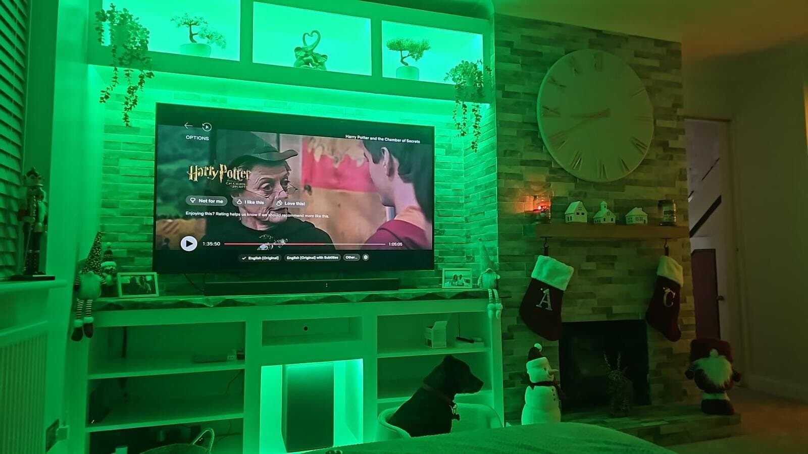 Media wall lit with green LED strip lighting